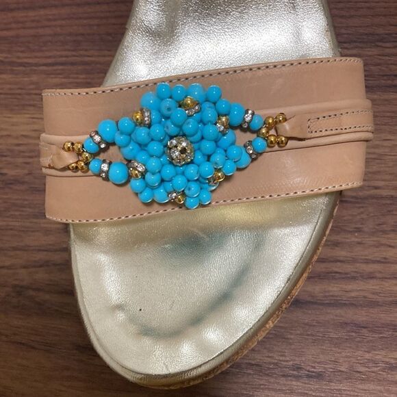 De Martino Capri Cork Wedge Leather Sandal. Strap with Turquoise & Gold Beads. - Picture 2 of 7